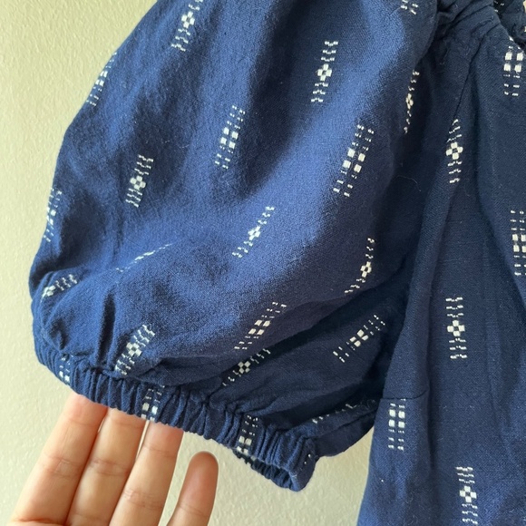 Madewell Sz M Jacquard Navy Puff Short Sleeve Cropped Top Blouse V Neck Pullover - Picture 4 of 8